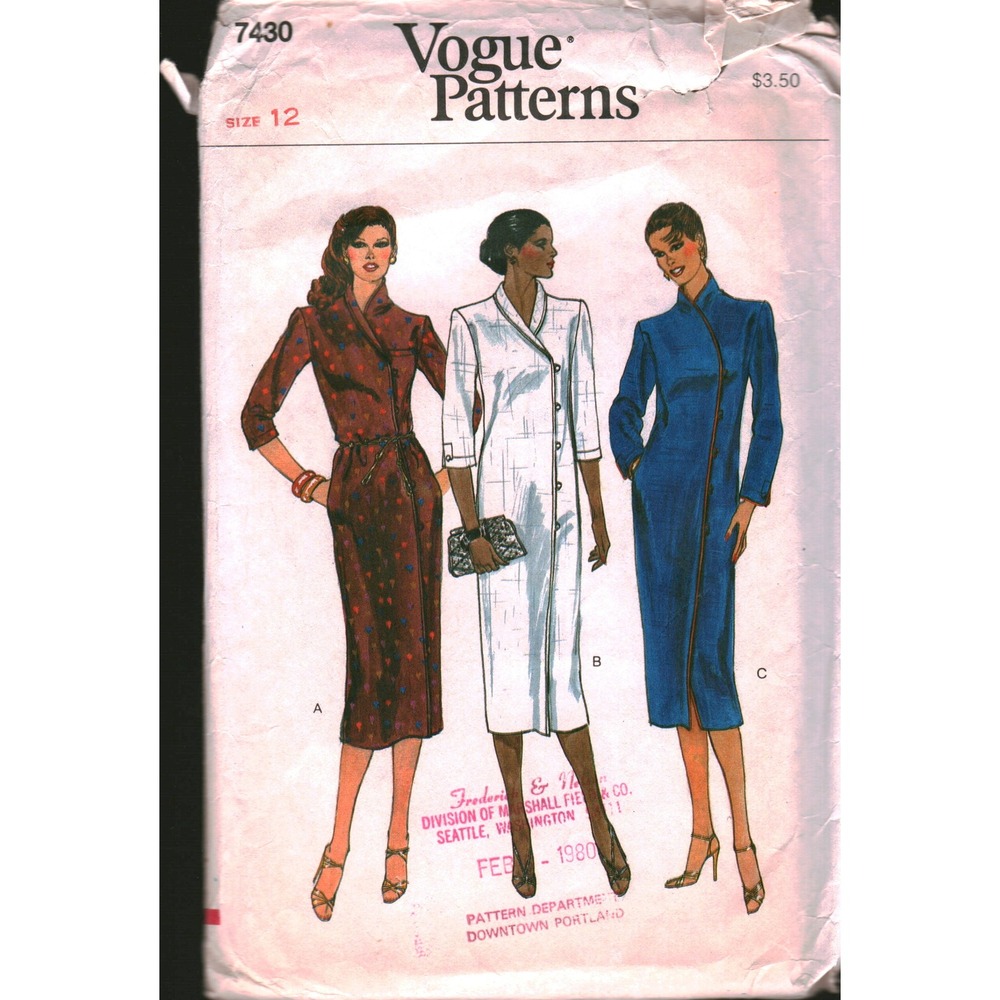 Vogue 7430 Vintage 1980‎ Sewing Pattern Misses Dress Shawl Collar Size 12 CUT